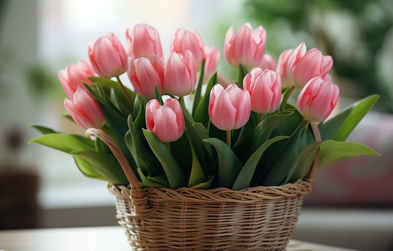 Photo wallpaper leaves, flowers, table, bouquet, spring, tulips, pink, basket