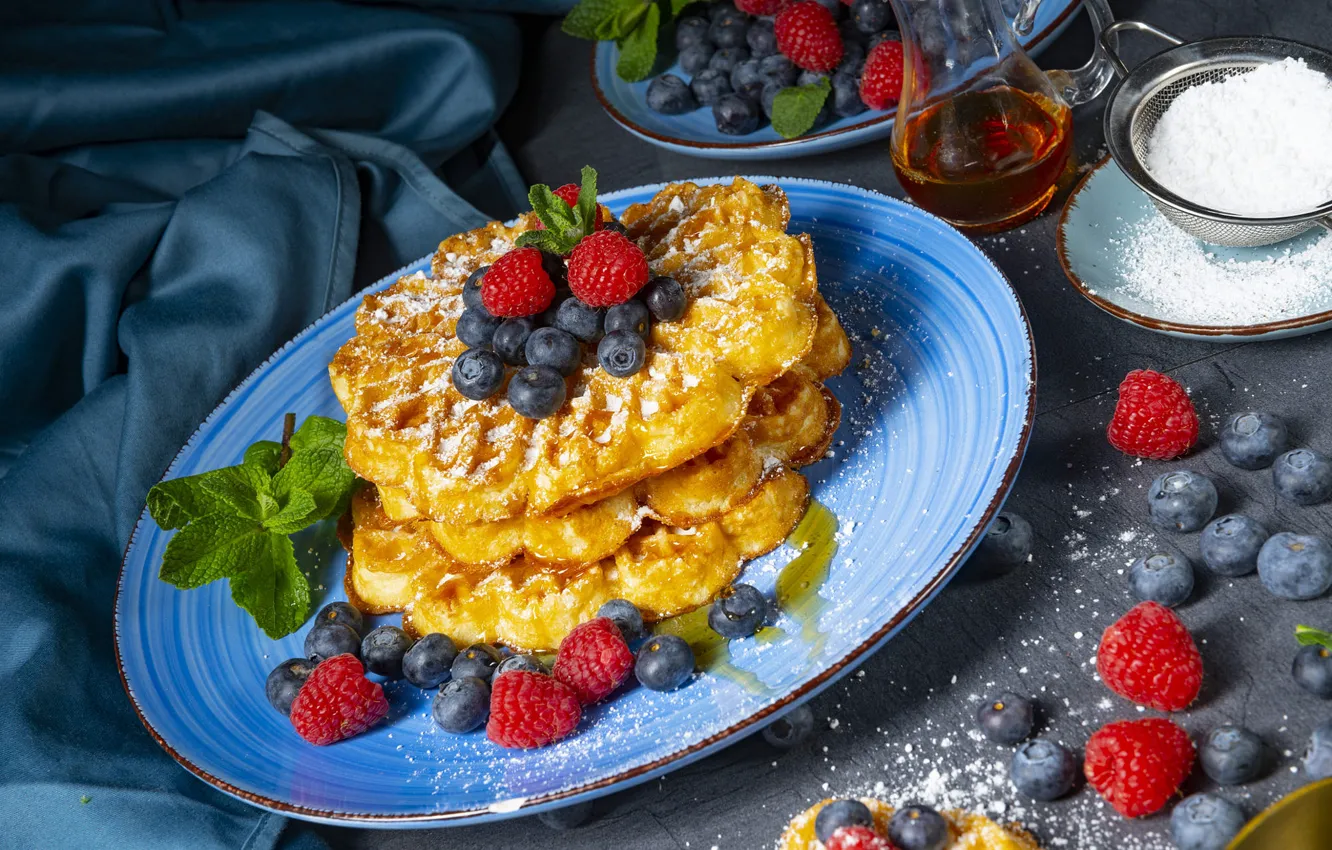 Photo wallpaper berries, raspberry, table, towel, blueberries, plate, placer, mint