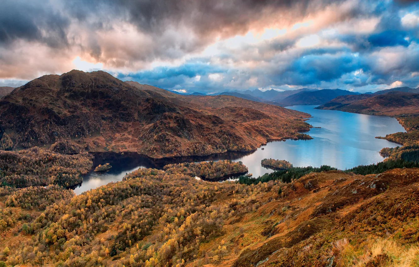Photo wallpaper autumn, forest, the sky, clouds, mountains, clouds, lake, hills
