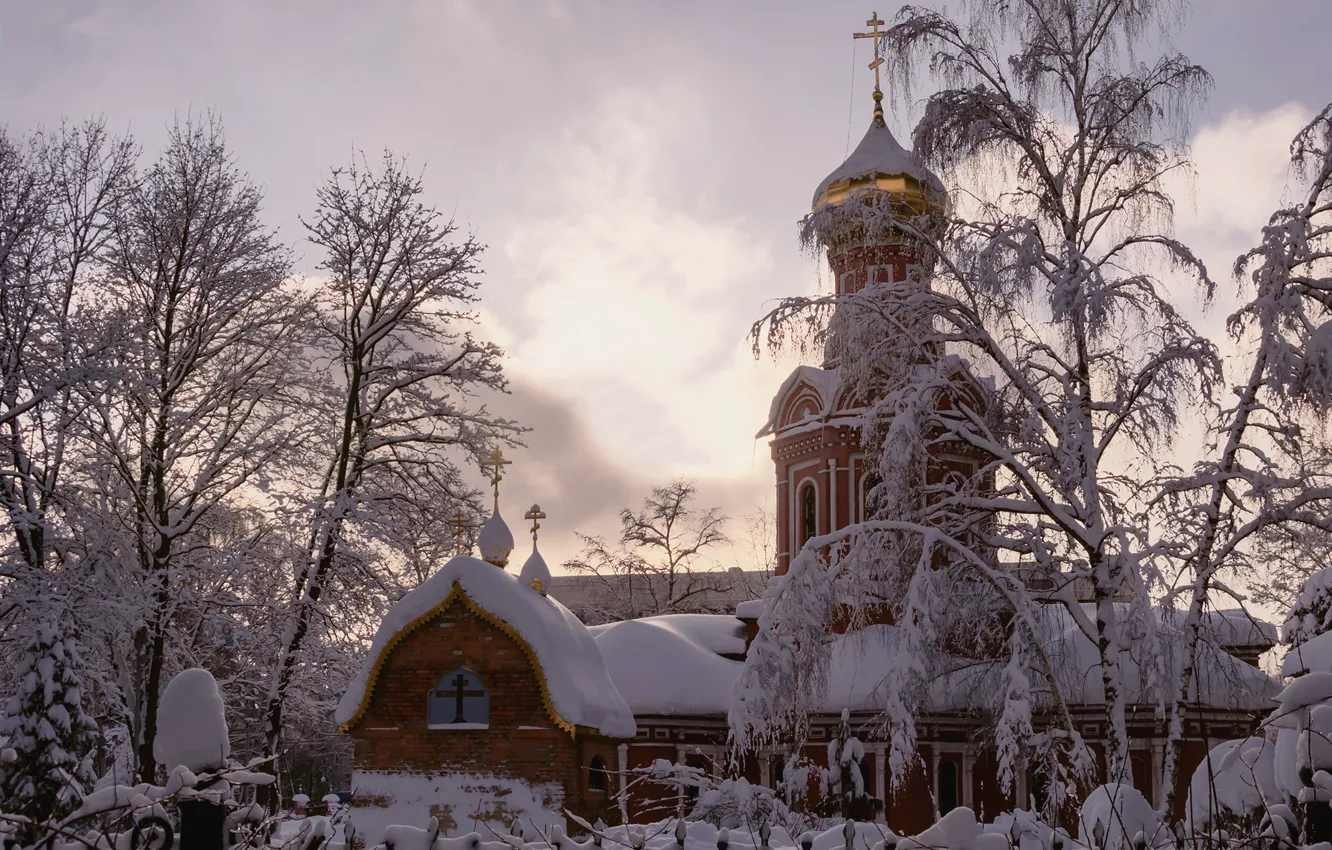 Photo wallpaper winter, snow, trees, landscape, nature, the city, Krasnogorsk, Znamensky Temple