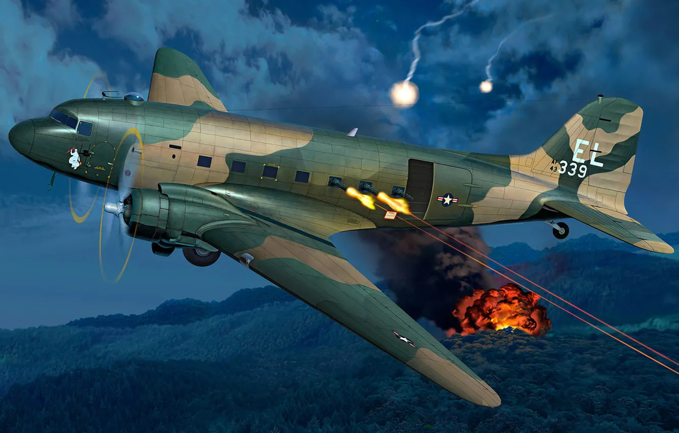 Photo wallpaper war, art, airplane, painting, AC-47D Gunship