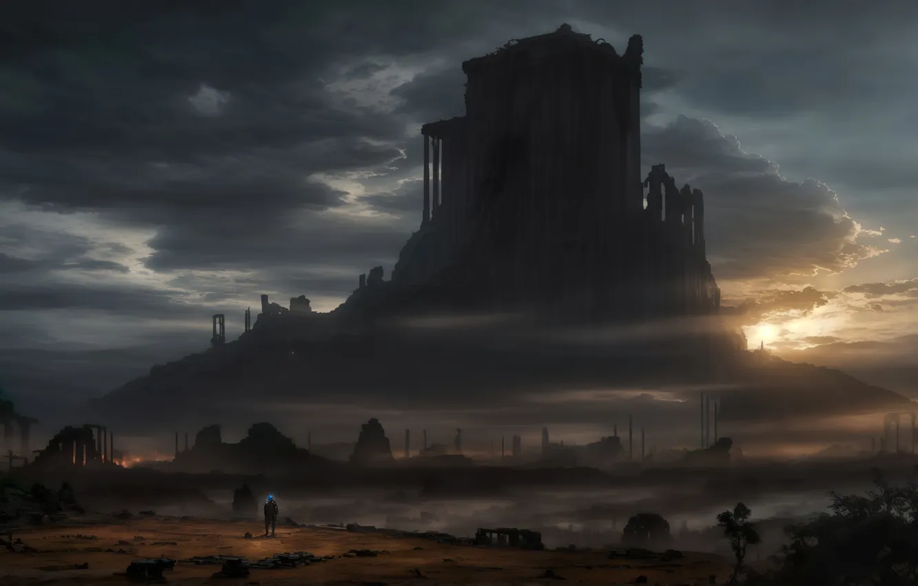 Photo wallpaper landscape, sunset, art, fantastic, planet, digital art, Explorer, Tundra