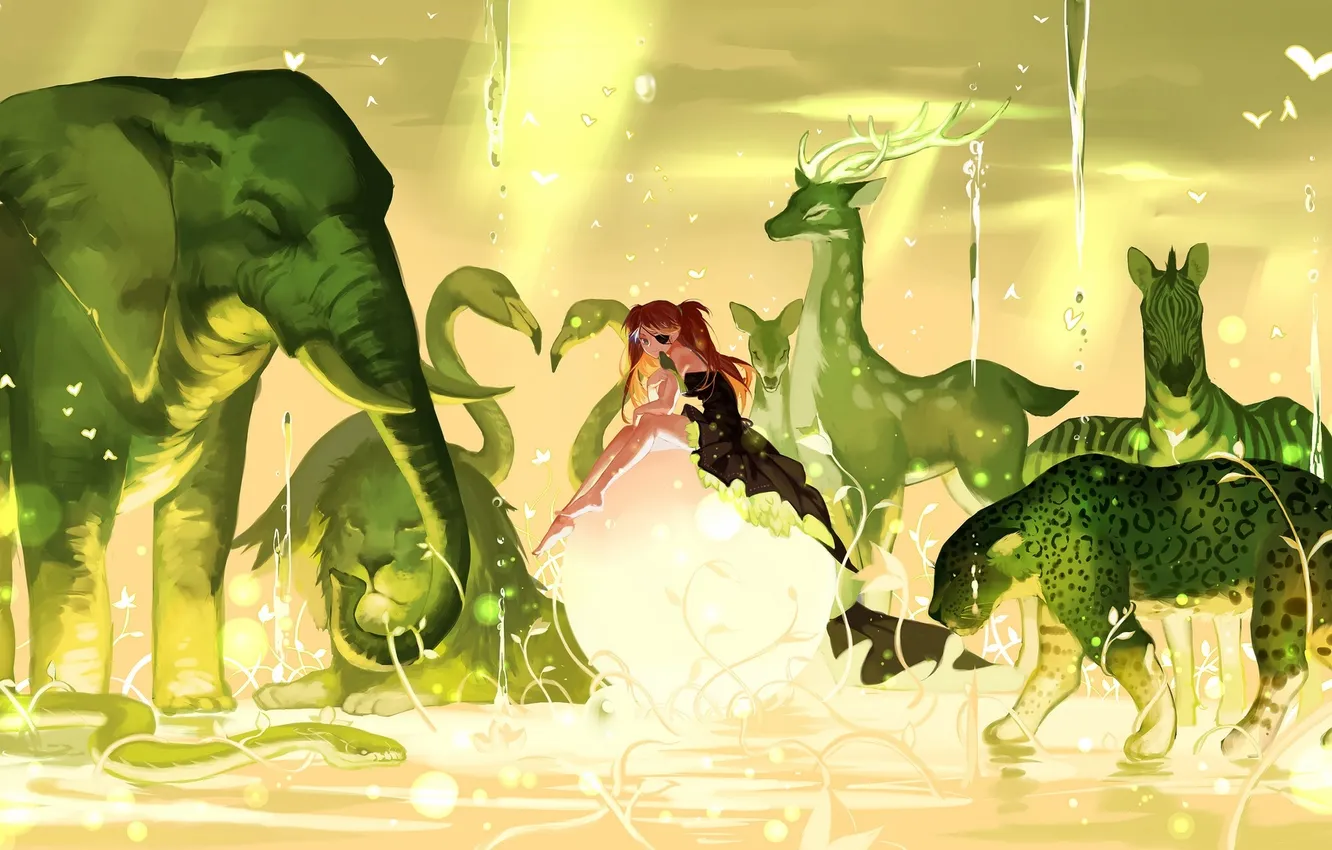 Photo wallpaper girl, animal, elephant, Leo, anime, deer, art, Zebra