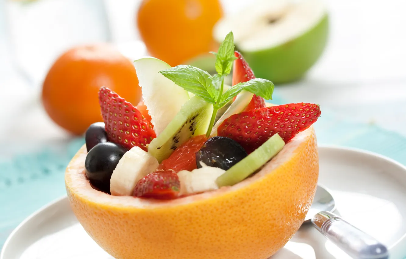 Photo wallpaper apples, oranges, strawberry, bananas, fruit, melon, salad