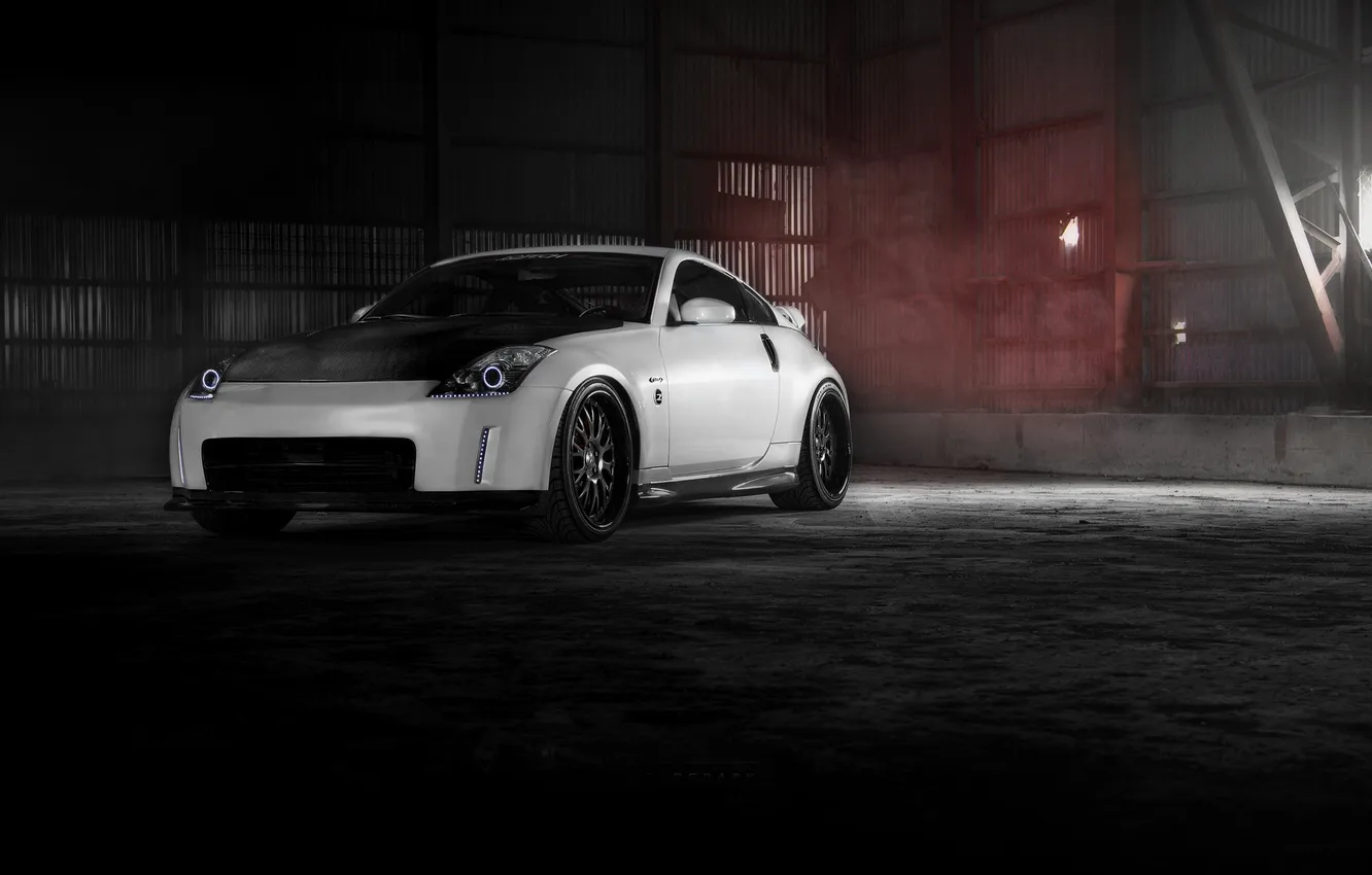 Photo wallpaper white, hangar, Nissan, white, 350z, Nissan, carbon fiber hood