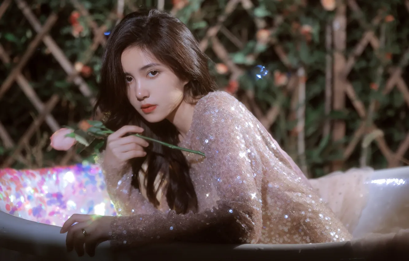 Photo wallpaper dark, rose, flower, woman, night, beautiful, model, pretty