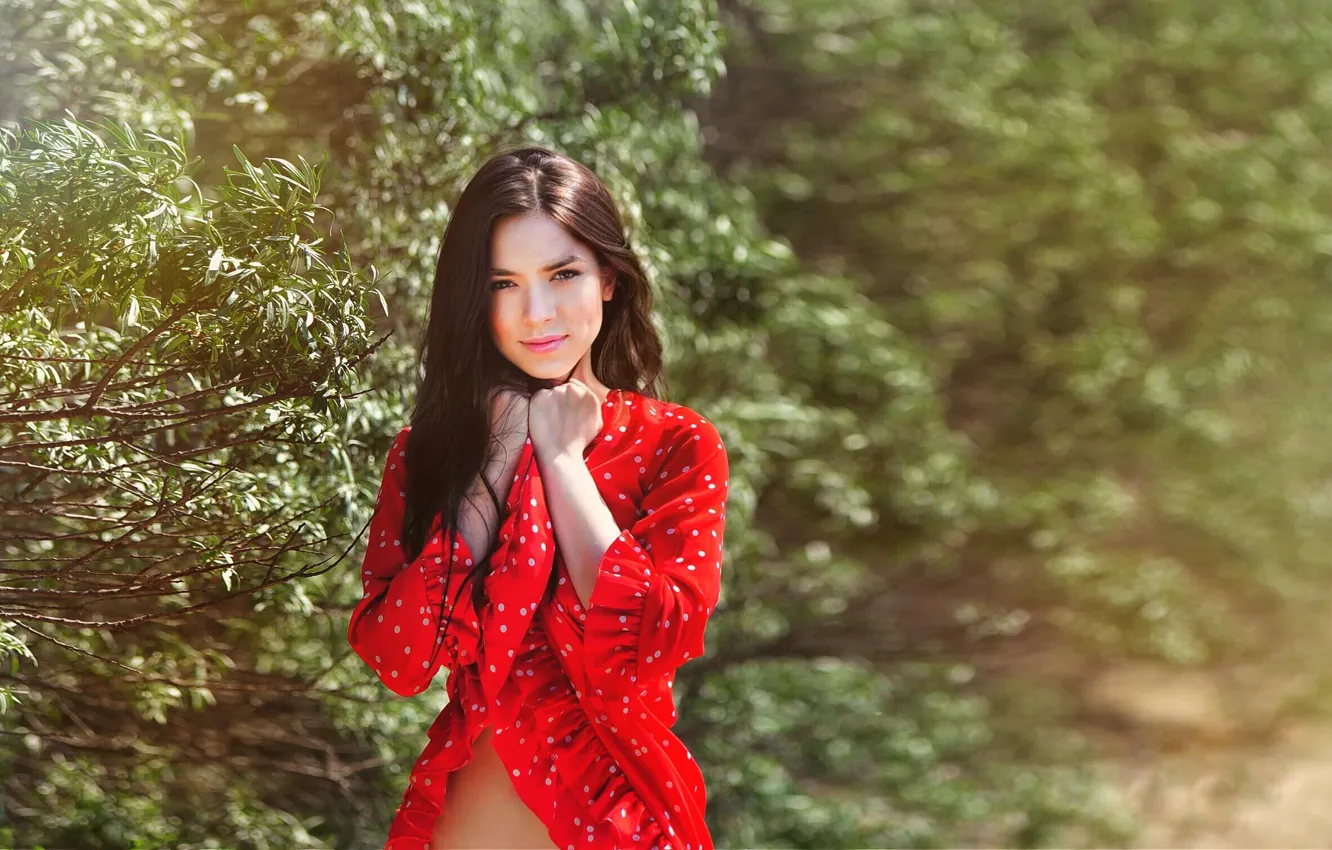 Photo wallpaper dress, trees, model, women, brunette, red dress, polka dots, Women Outdoors