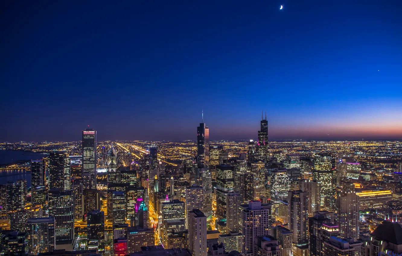 Photo wallpaper the sky, stars, the city, lights, the moon, Chicago, Il, night