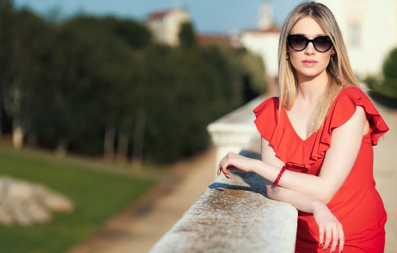 Photo wallpaper look, girl, red, face, style, sweetheart, dress, glasses