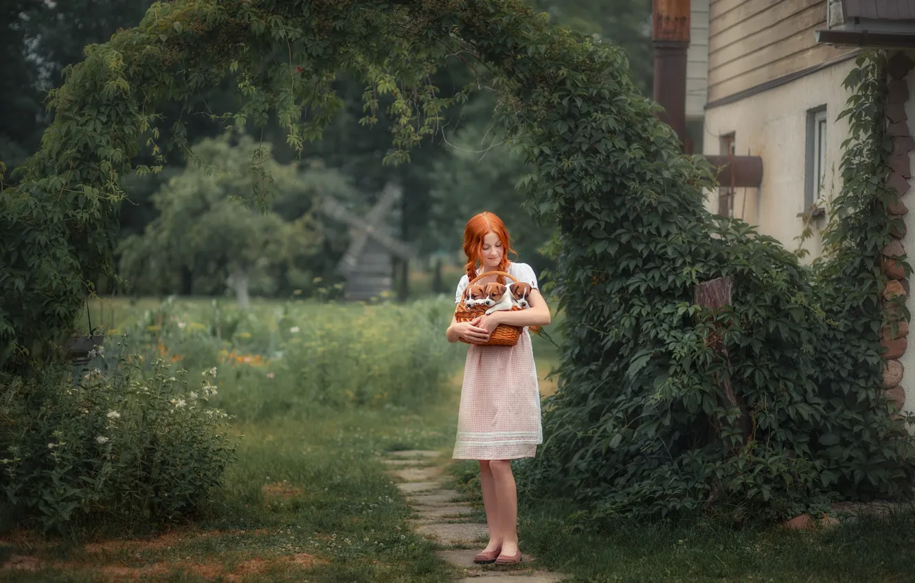 Photo wallpaper summer, girl, flowers, nature, Park, home, dog, garden