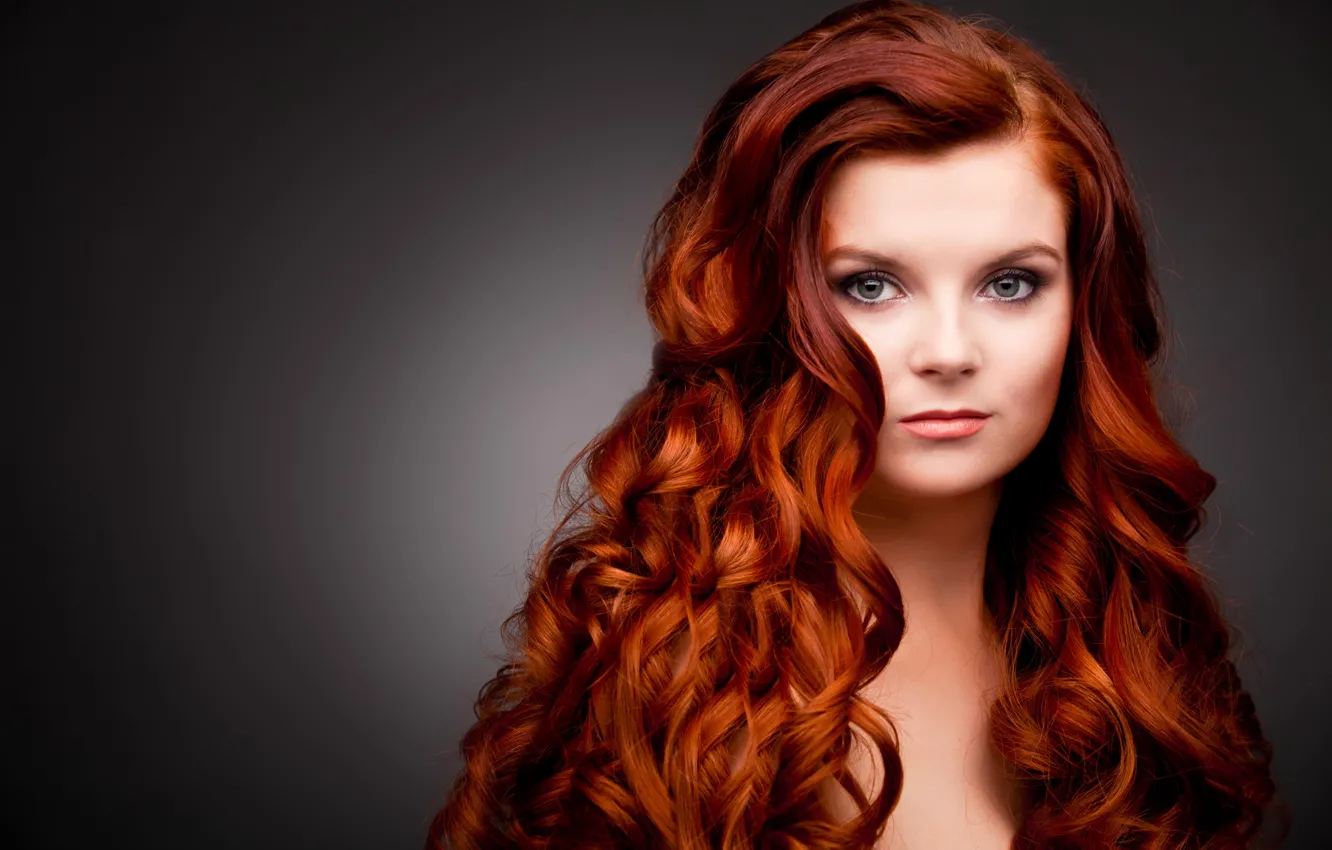 Photo wallpaper look, girl, face, background, red hair, shoulders, curls, green eyes