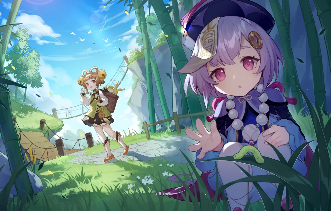 Photo wallpaper caterpillar, bridge, nature, bamboo, girl, Genshin Impact, Qiqi, Yaoyao