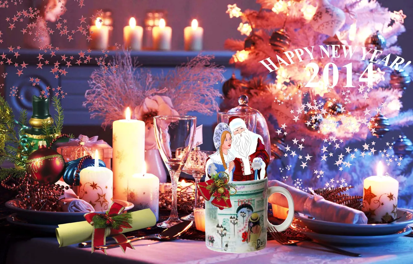Photo wallpaper table, Paris, mug, maiden, Santa Claus, New year, 2014, Gift And Home
