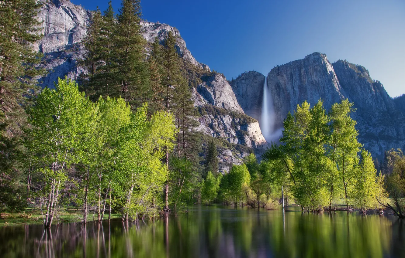 Photo wallpaper landscape, mountains, lake, waterfall, beauty