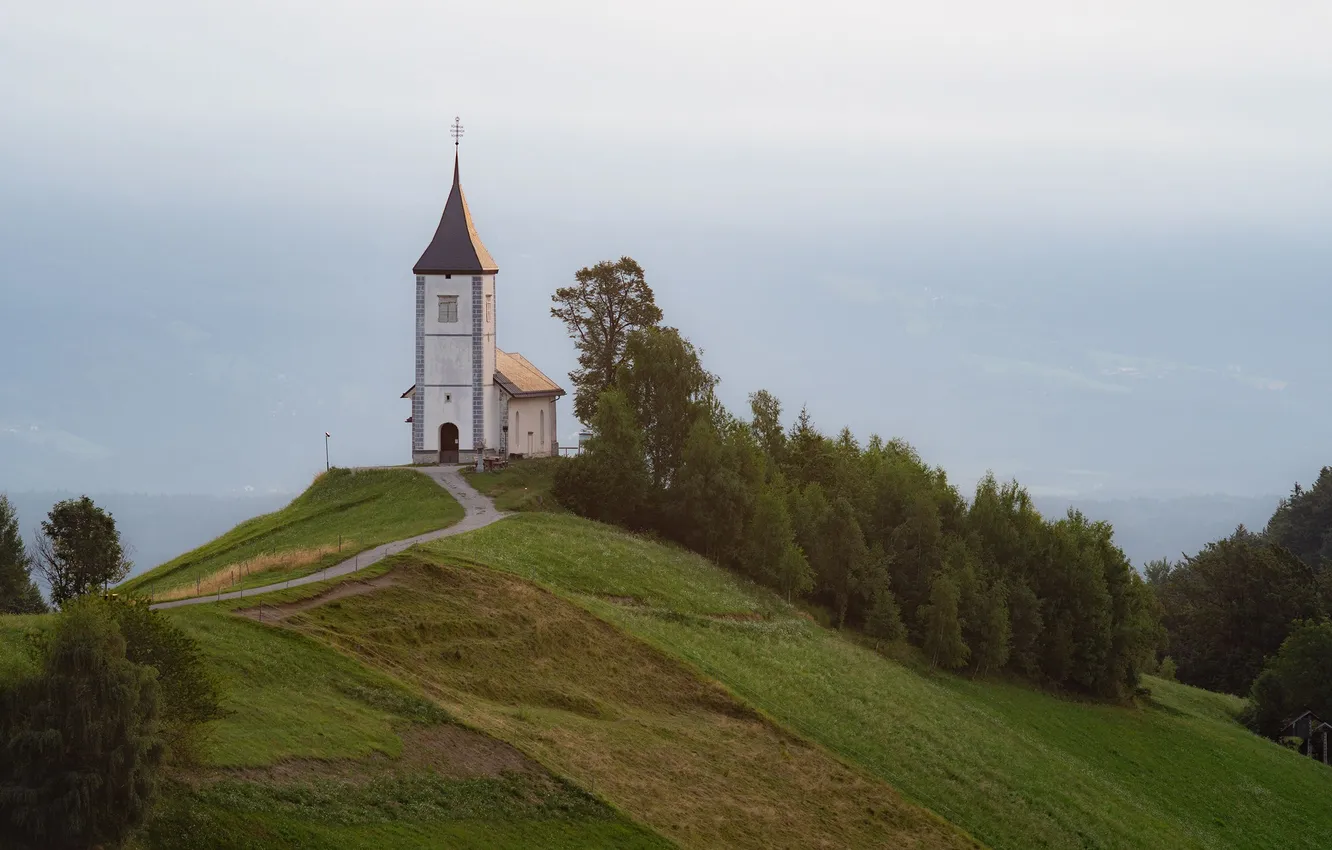 Photo wallpaper the sky, mountains, fog, morning, Church, Slovenia, Yamnik, Sergey Serushkin
