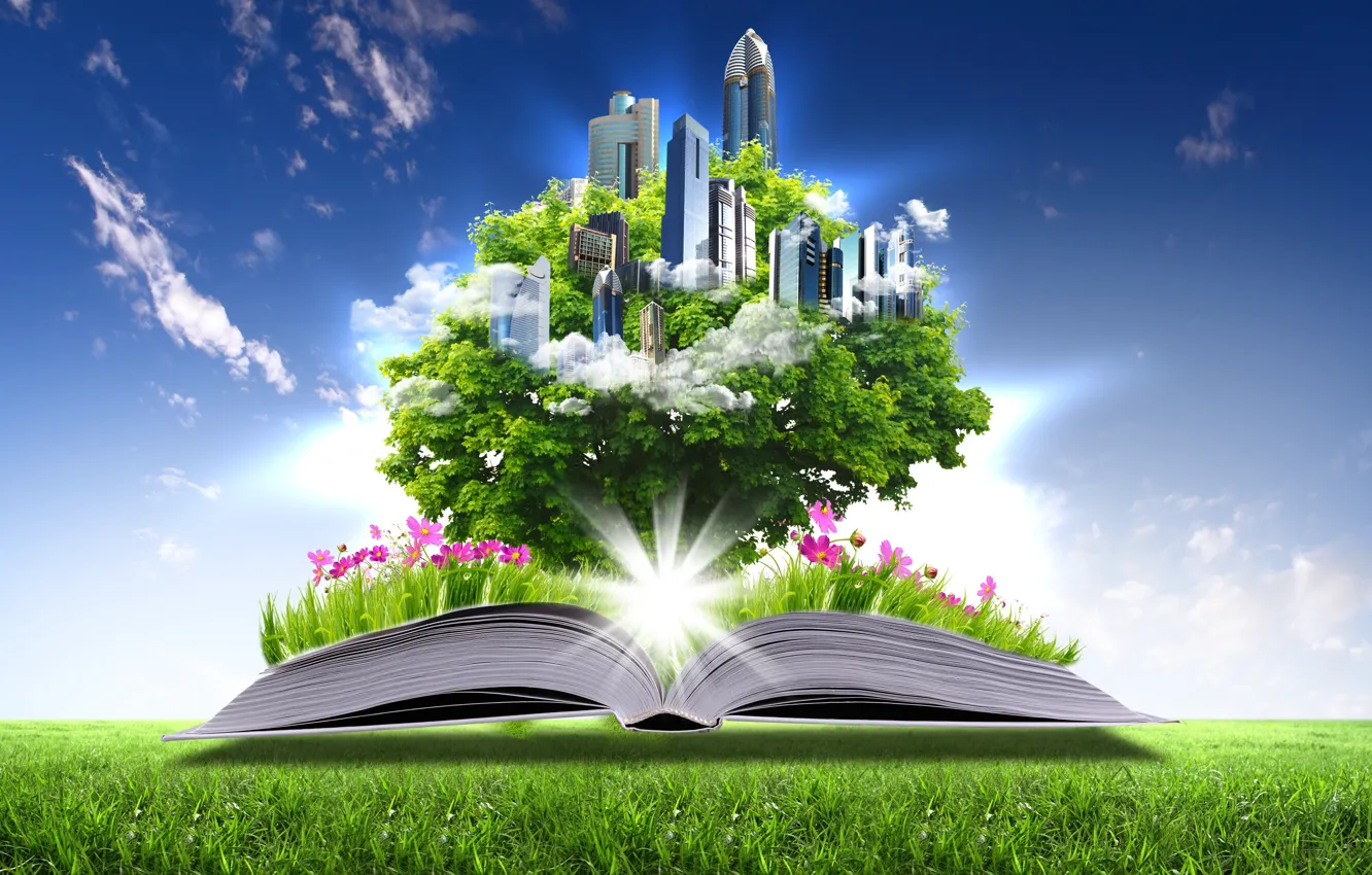 Photo wallpaper flowers, creative, lawn, book, skyscrapers, page