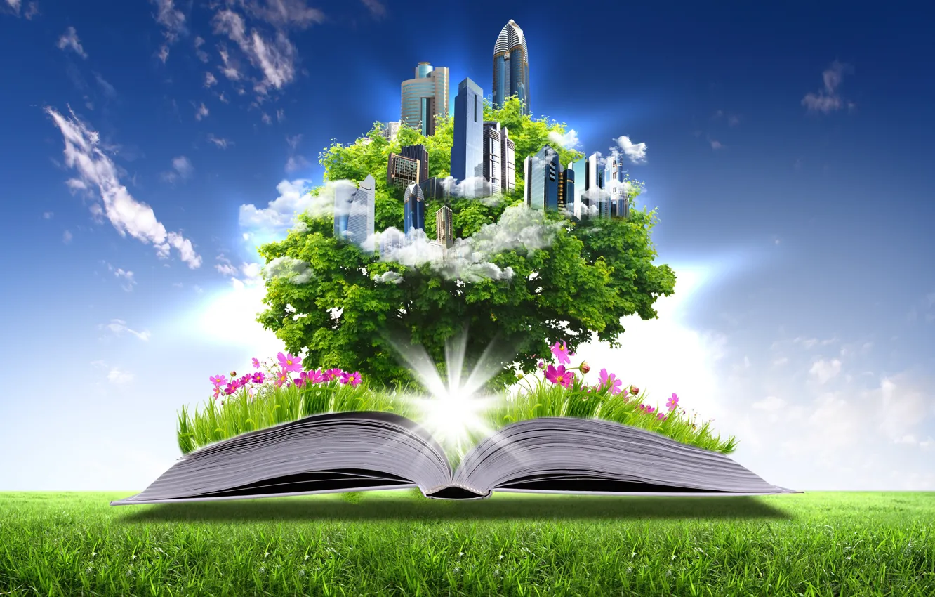 Photo wallpaper flowers, creative, lawn, skyscrapers, book, page