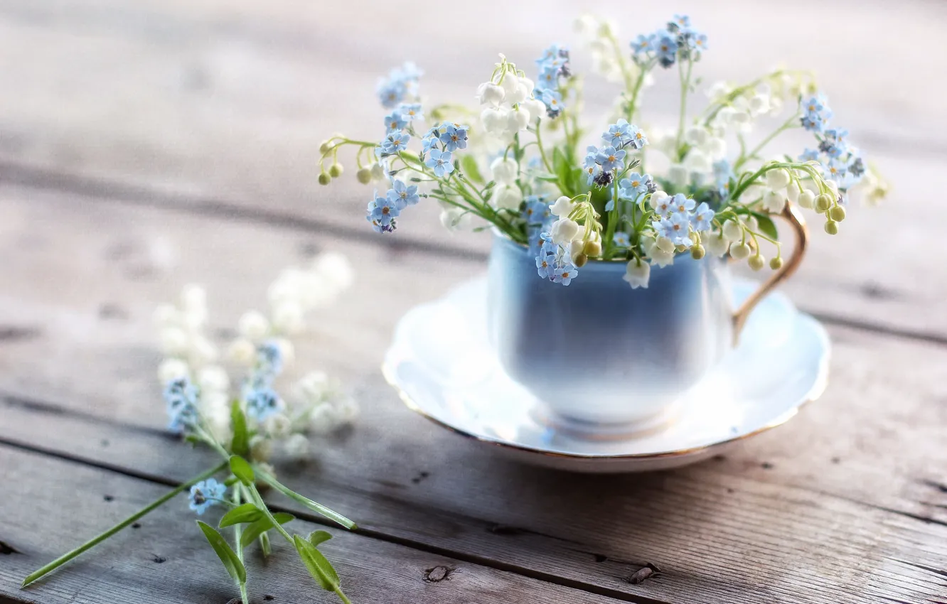 Photo wallpaper texture, mug, lilies of the valley, forget-me-nots