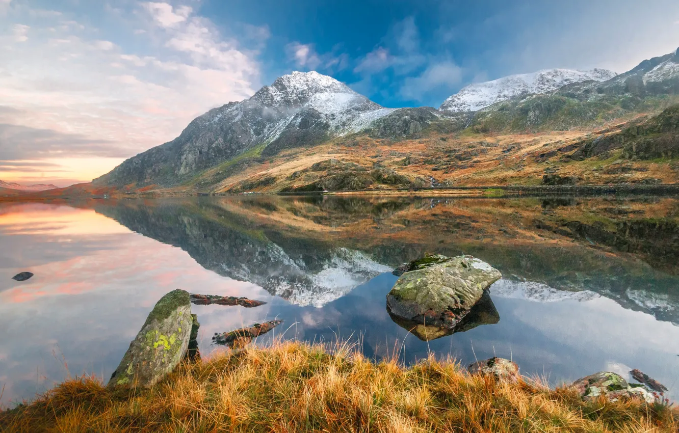 Photo wallpaper clouds, mountains, lake, stones, stream, Wales, Snowdonia