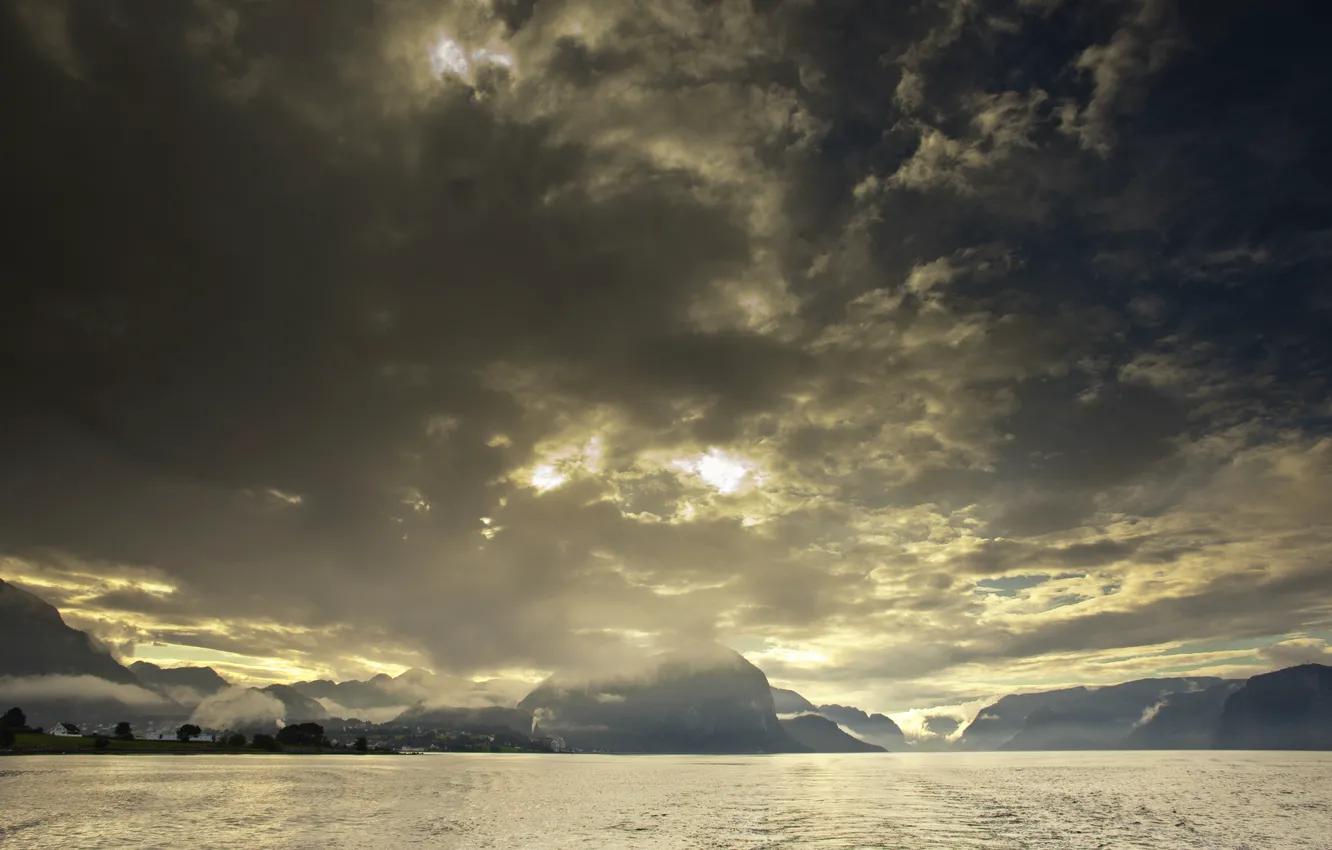 Photo wallpaper the sky, grass, water, clouds, the ocean, island, home