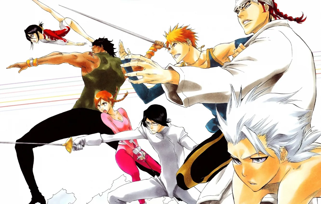 Photo wallpaper girls, guys, bleach, Ichigo Kurosaki, anime, Kuchiki Rukia, Orihime Inoue, Yasutora Sado