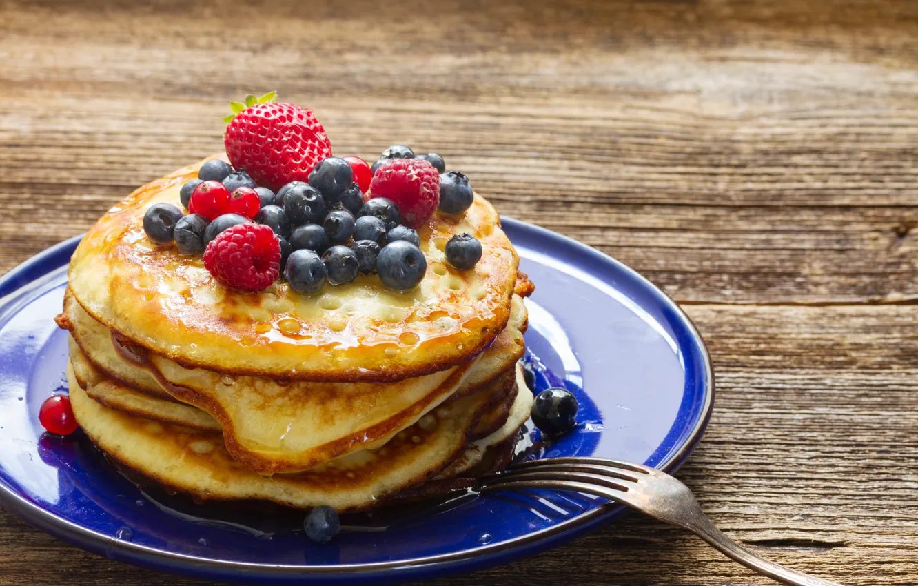 Photo wallpaper raspberry, blueberries, pancakes, desert, food, sweet, breakfast, pancakes