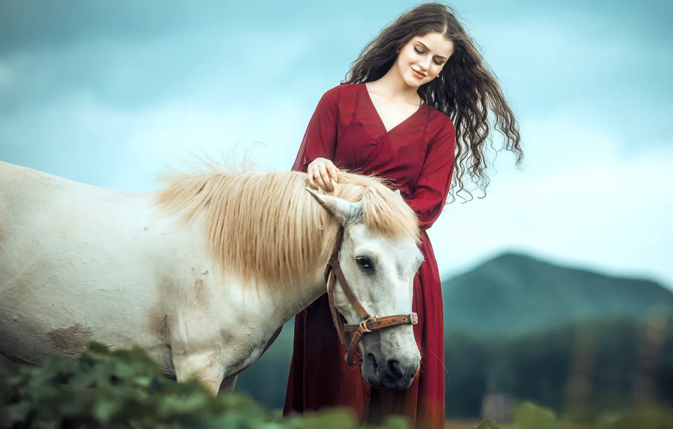 Photo wallpaper each, mountains, curls, beautiful, mood, field, long-haired, animal