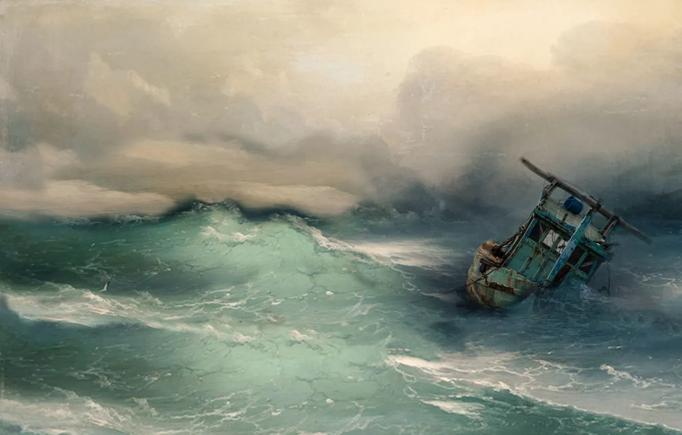 Photo wallpaper sea, wave, storm, ship, disaster