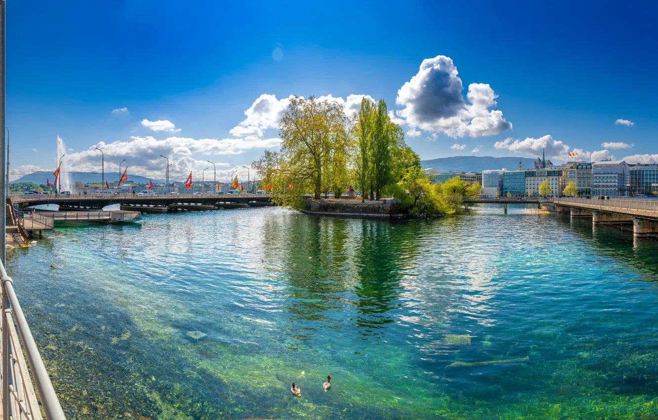 Photo wallpaper clouds, bridge, river, home, Switzerland, promenade, Geneve