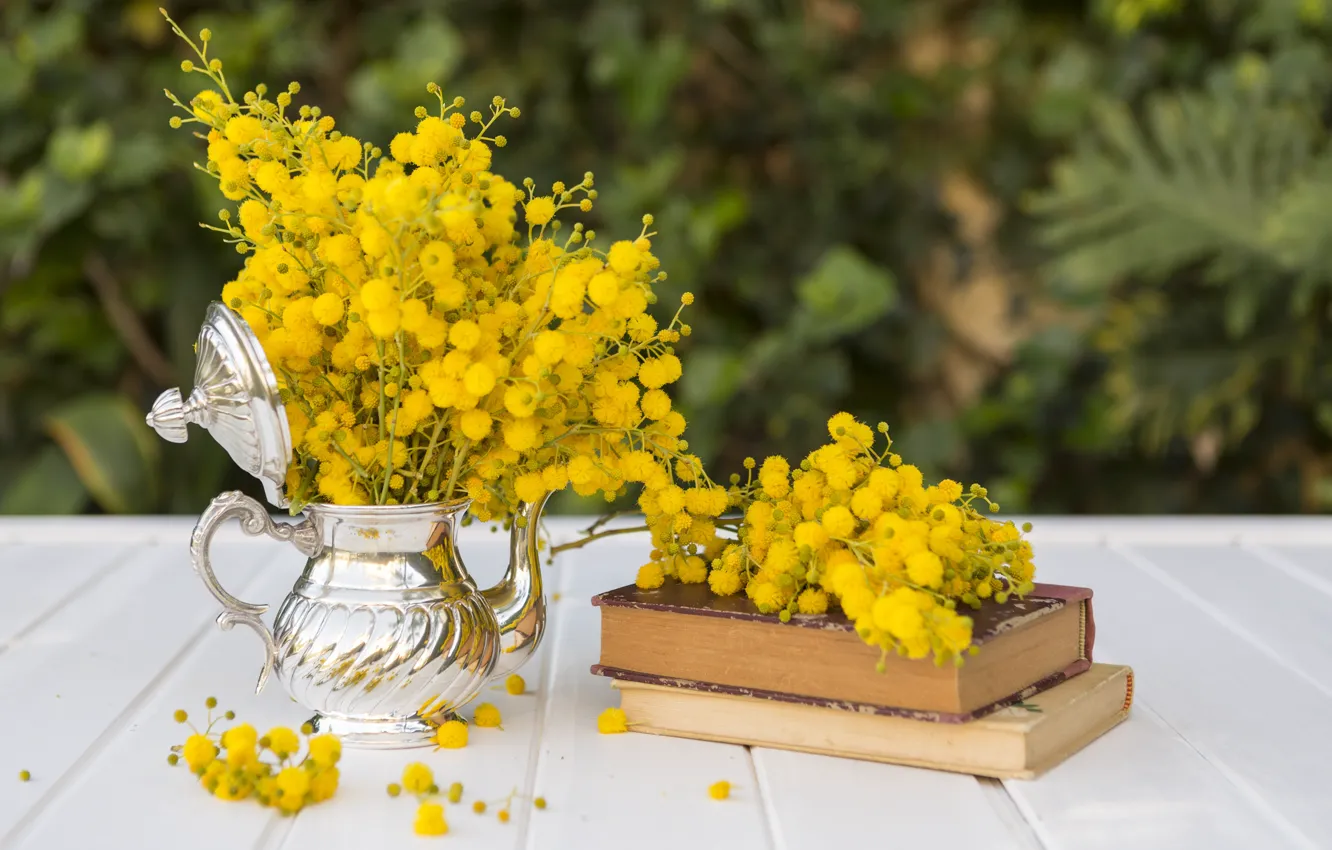 Photo wallpaper flowers, books, bouquet, yellow, kettle, Mimosa