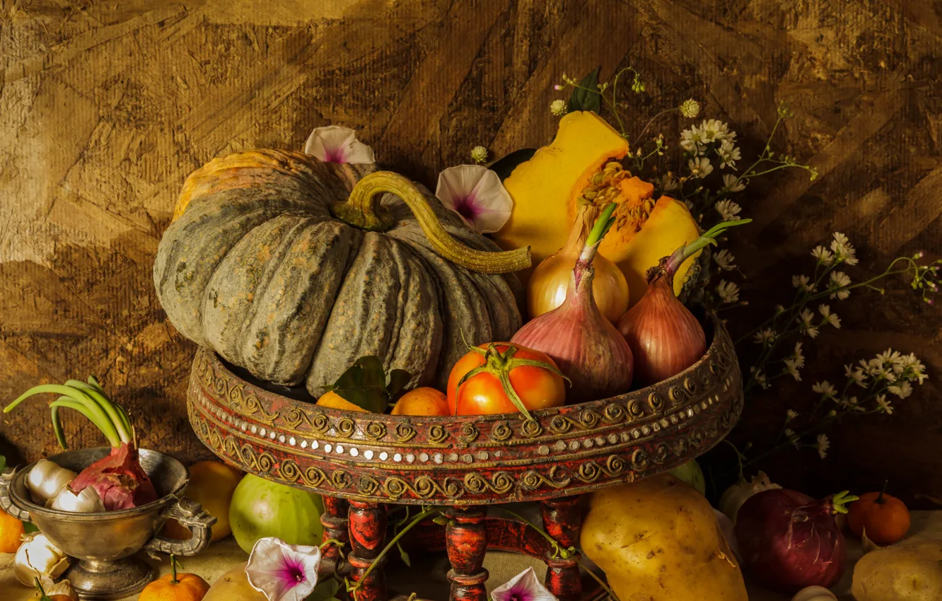 Photo wallpaper flowers, harvest, pumpkin, fruit, still life, vegetables, autumn, still life