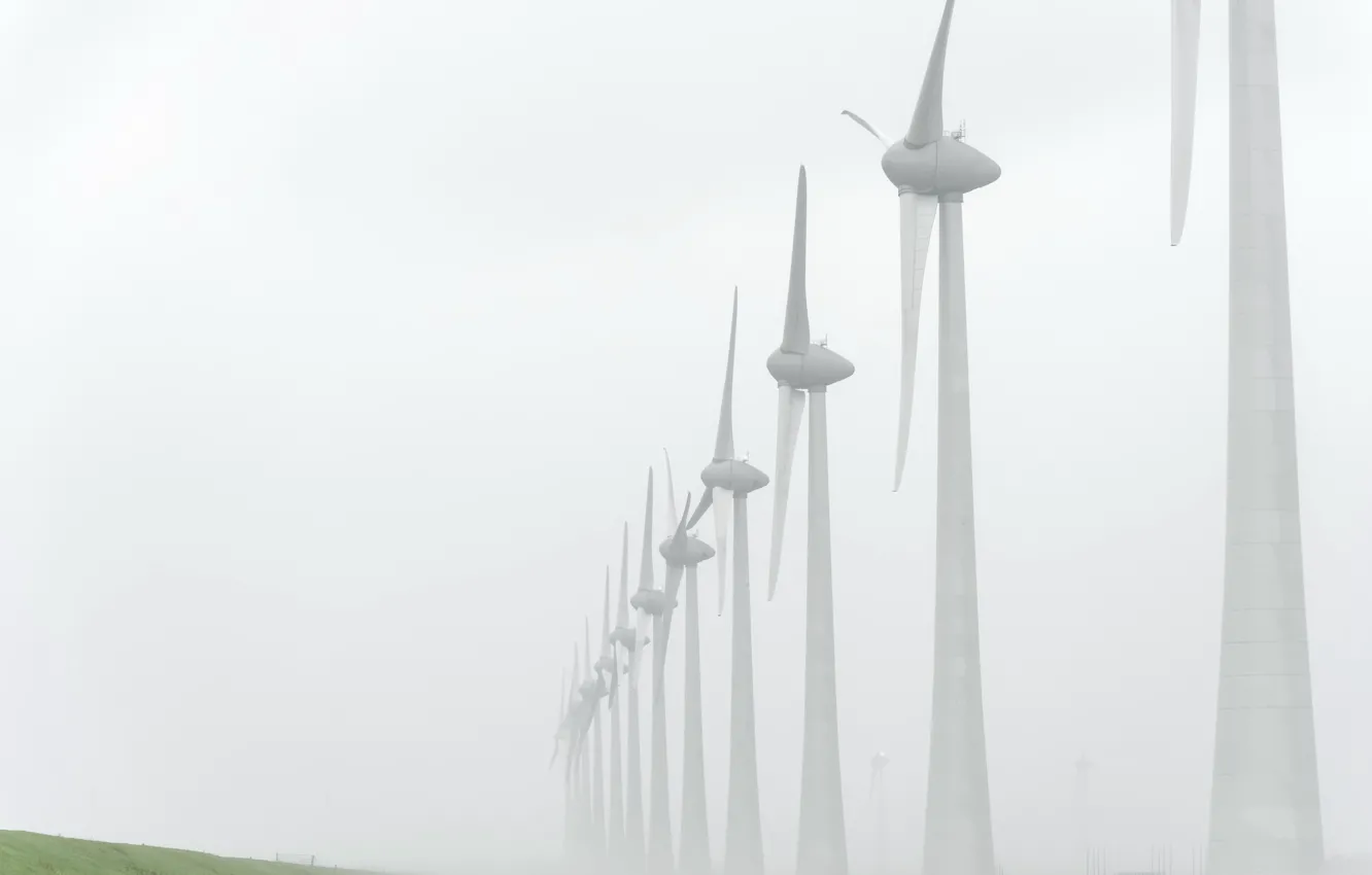 Photo wallpaper landscape, fog, windmills