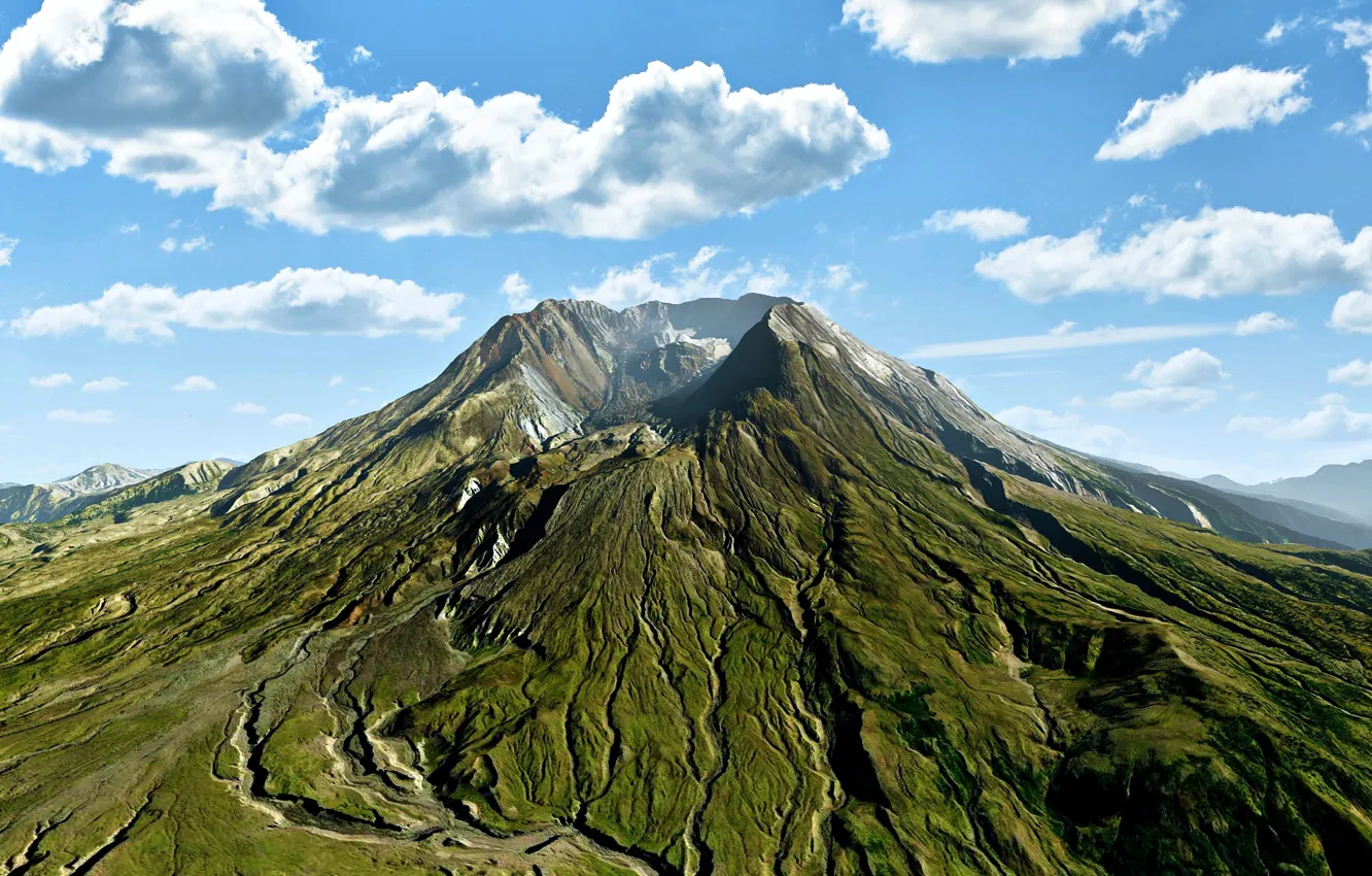 Photo wallpaper sky, clouds, mountain, danger, lava, volcano