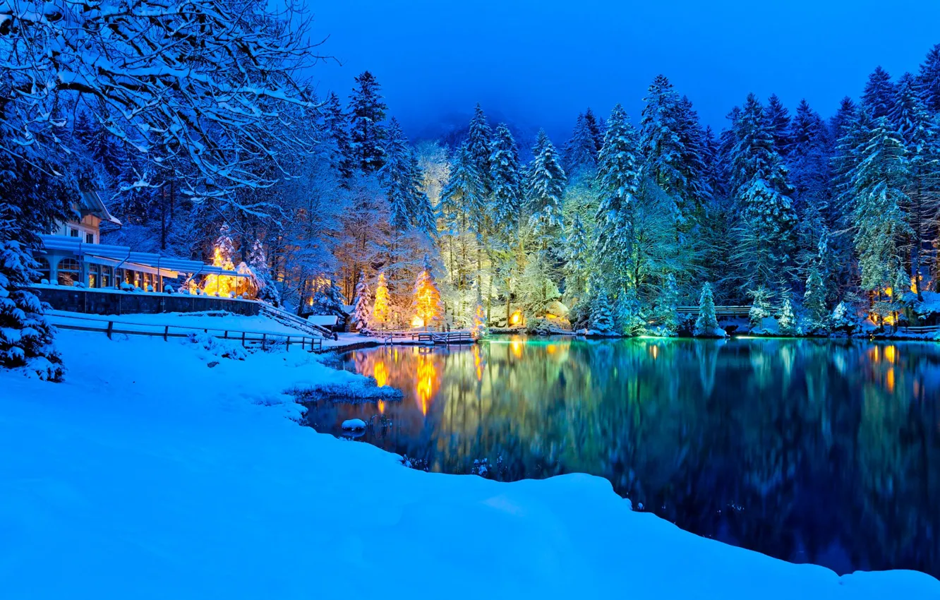 Photo wallpaper winter, forest, snow, trees, landscape, mountains, nature, lake
