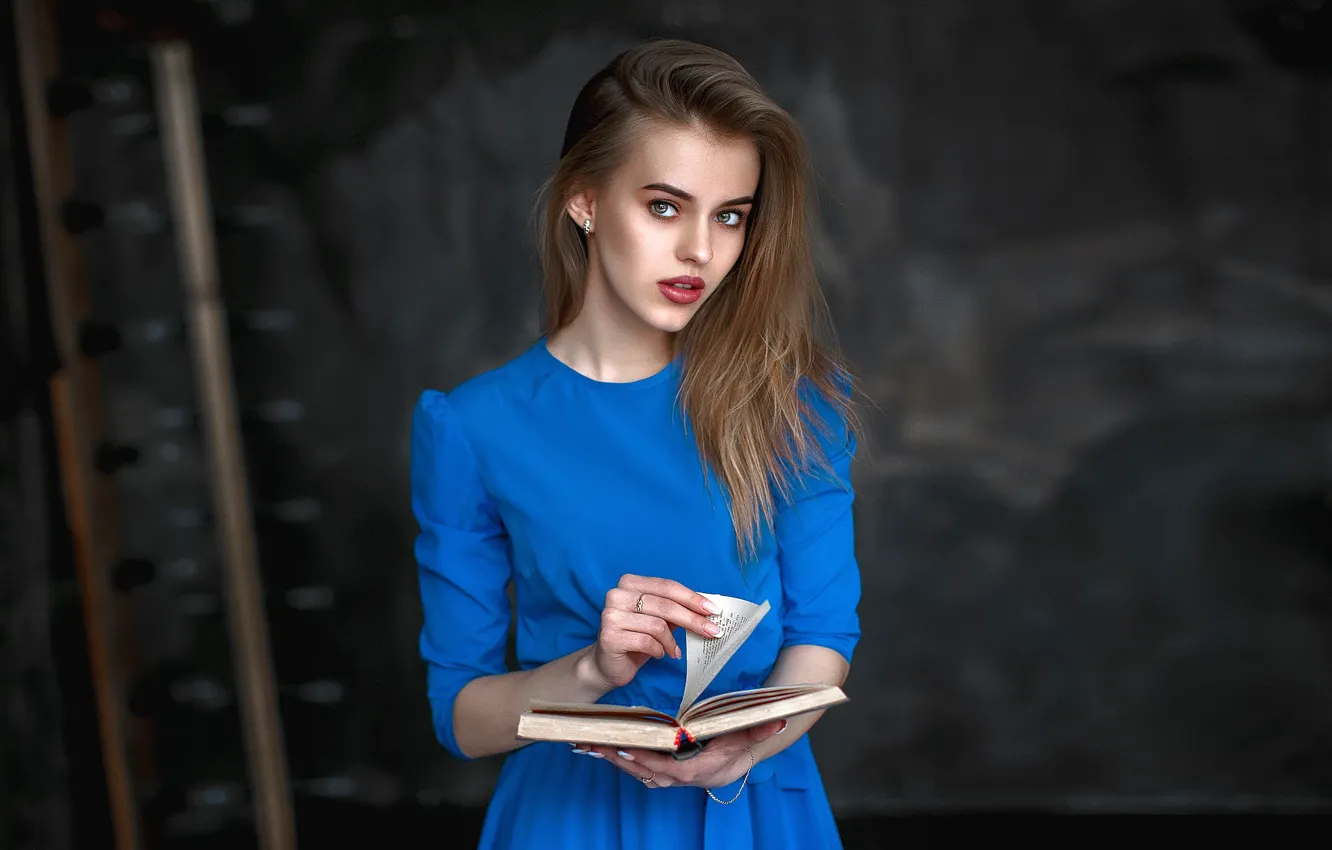 Photo wallpaper look, pose, model, portrait, makeup, dress, hairstyle, book