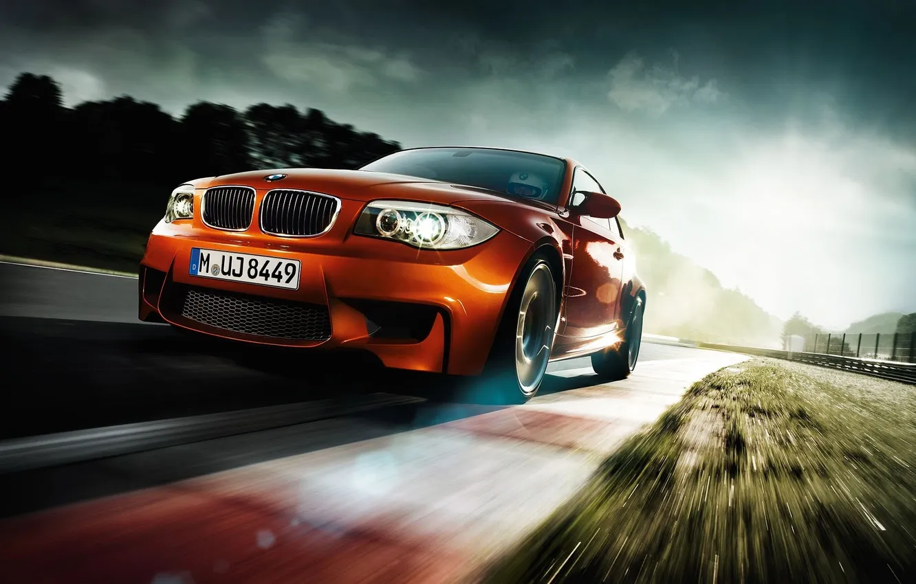 Photo wallpaper road, the sun, clouds, trees, orange, bmw, coupe, polygon