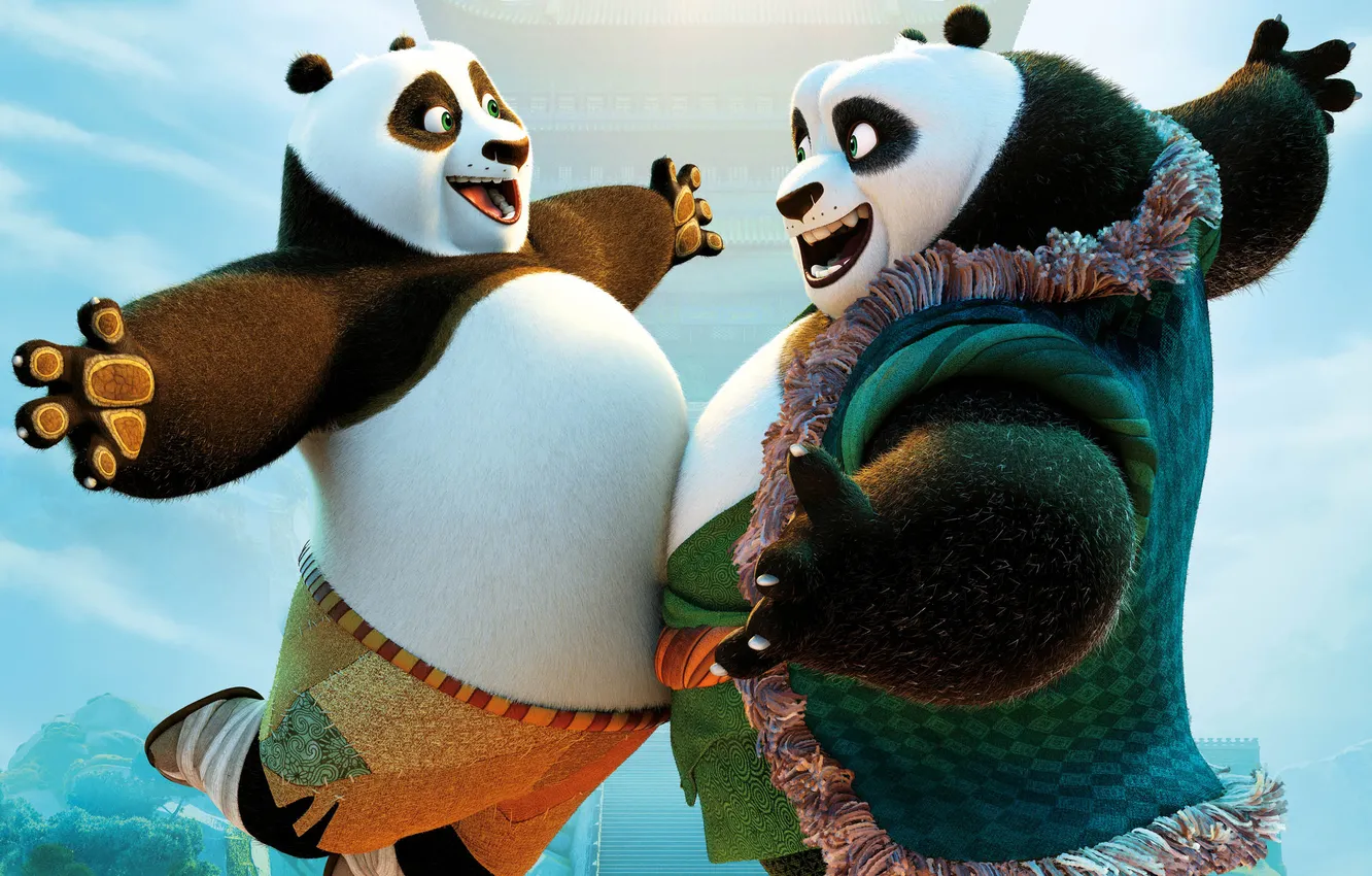 Photo wallpaper joy, happiness, meeting, cartoon, Panda, Kung Fu Panda 3, Kung fu Panda 3