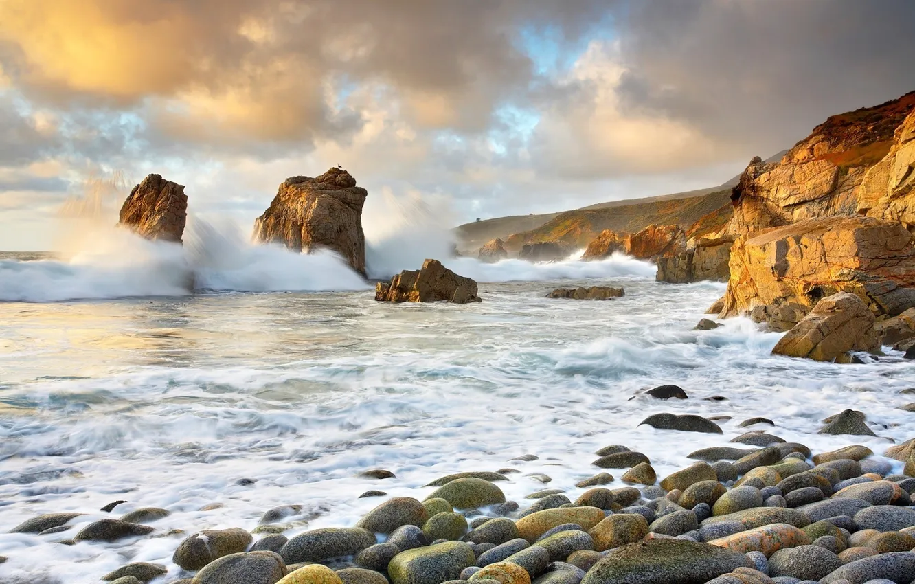 Photo wallpaper STONES, SEA, MOUNTAINS, The SKY, CLOUDS, WAVE, STORM, COAST