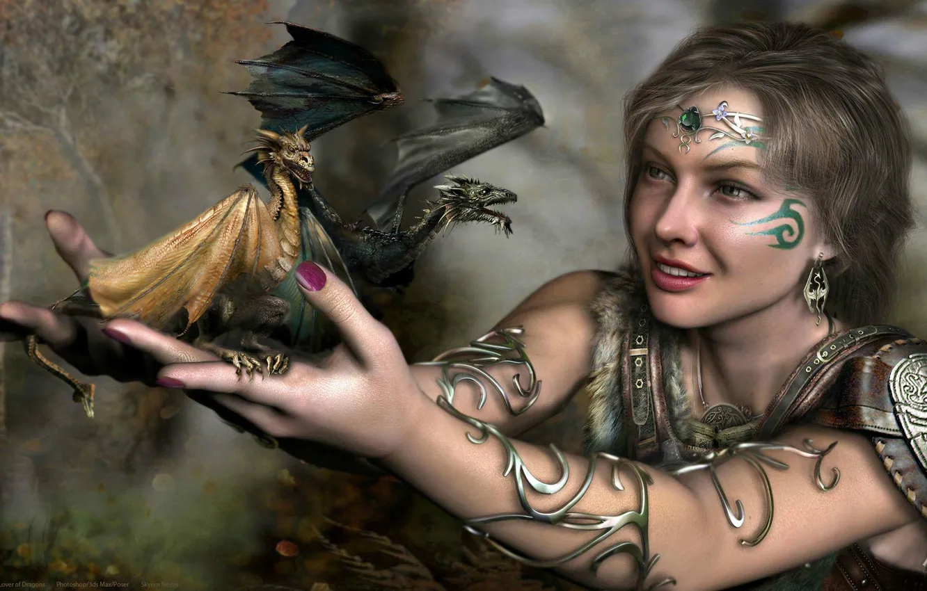 Photo wallpaper girl, decoration, metal, pattern, dragons, earrings, hands, tattoo