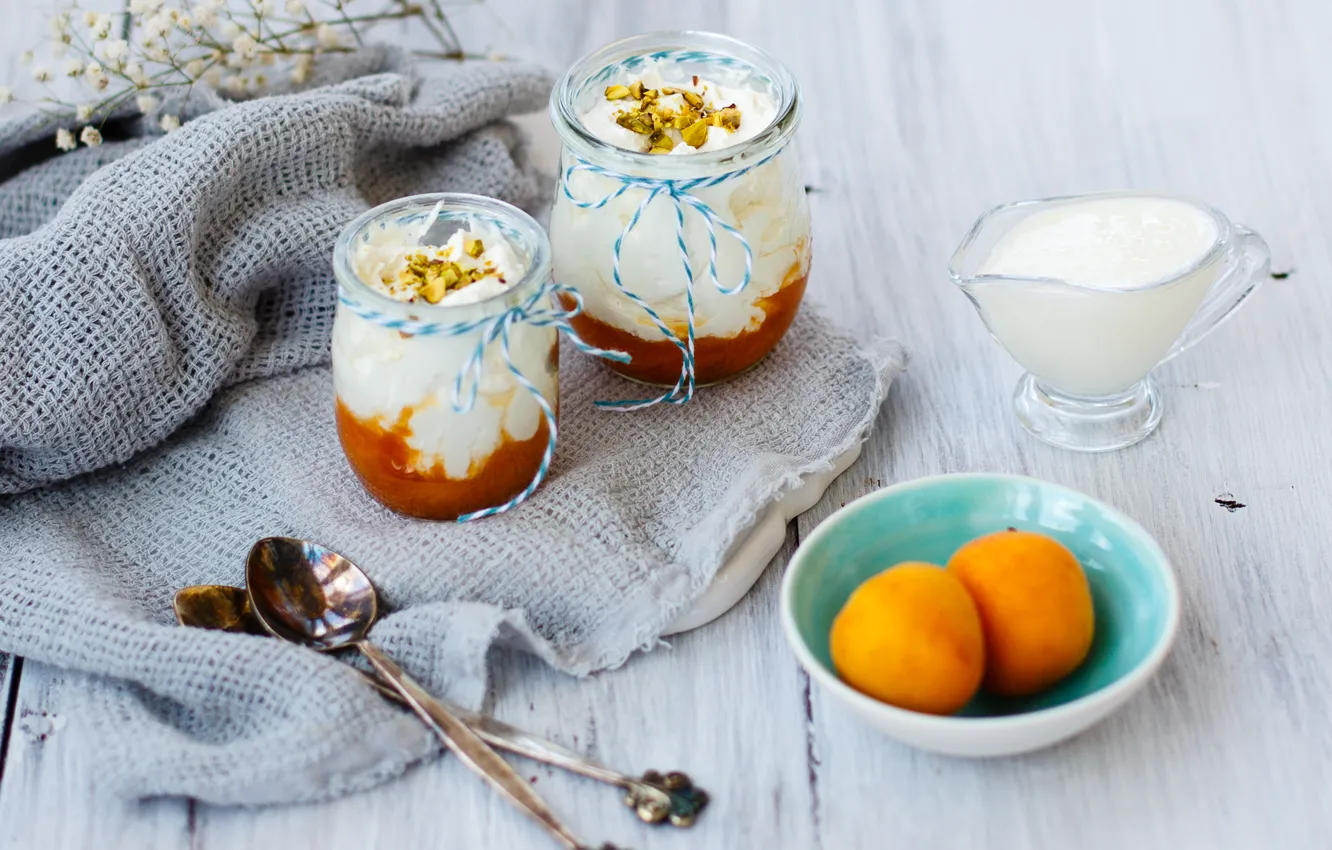 Photo wallpaper cream, spoon, fruit, cream, dessert, apricots, Panna cotta, Julia Khusainova