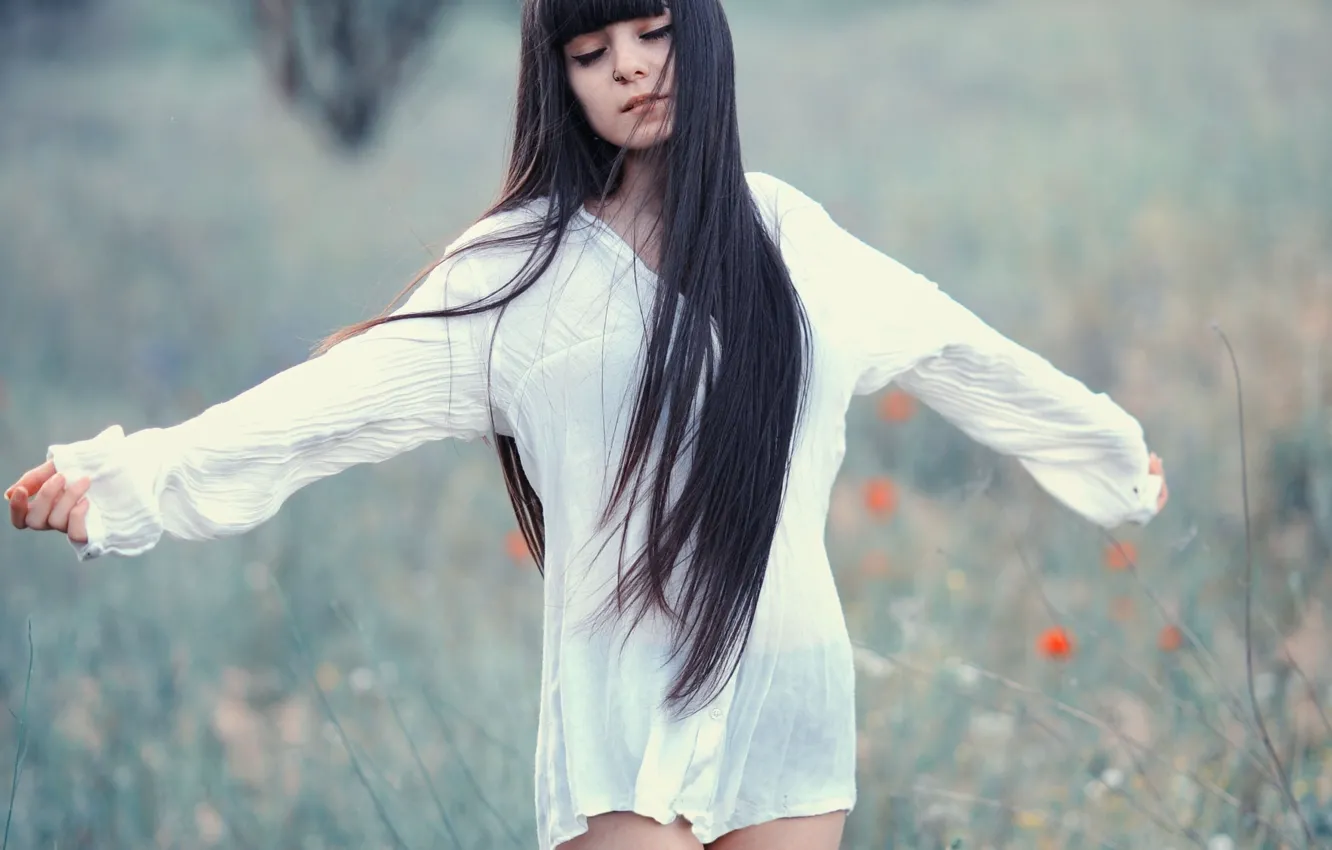 Photo wallpaper field, girl, background, dress, brunette, meadow, long hair