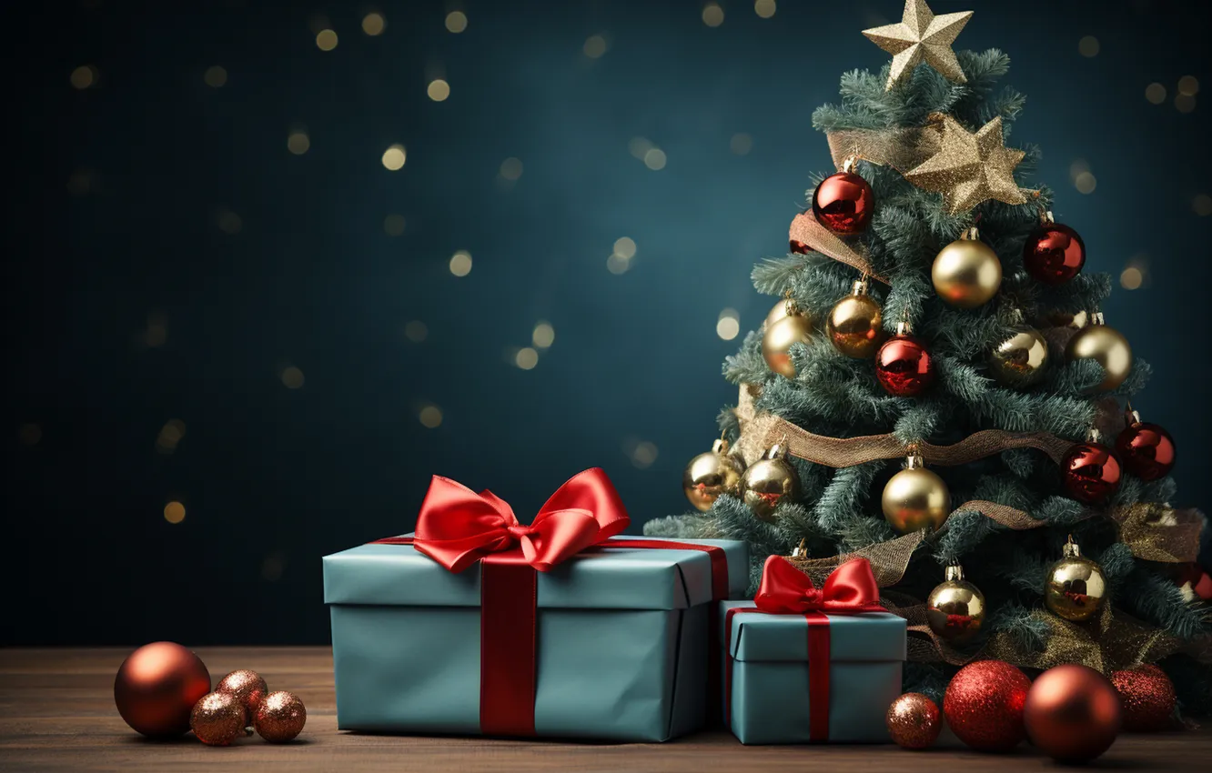 Photo wallpaper gift, tree, new year, Christmas, Christmas, tree, decoration, Gift Boxes