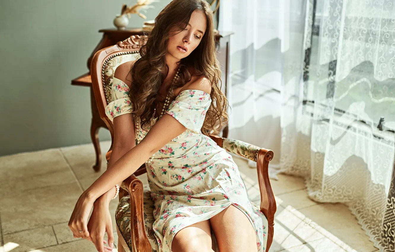 Photo wallpaper girl, pose, chair, hands, dress, Disha Shemetova, DISHA Shemetova, Evgeny Markalev