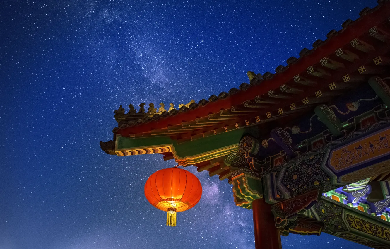 Photo wallpaper building, starry sky, buildings, the red lanterns, Forbidden City, starry, Forbidden City, Red lanterns