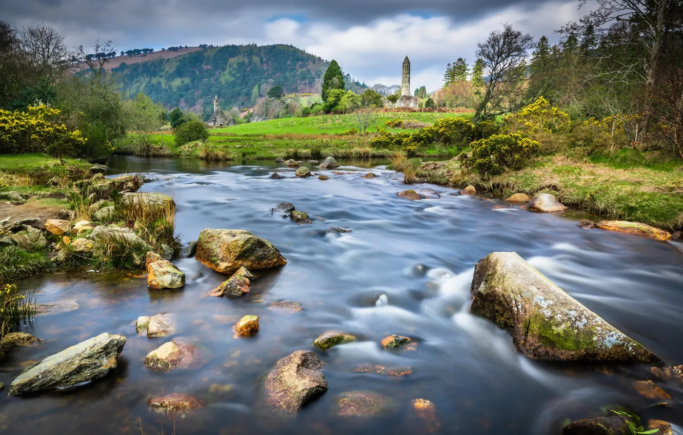 Photo wallpaper trees, river, stones, tower, valley, Ireland, Ireland, County Wicklow