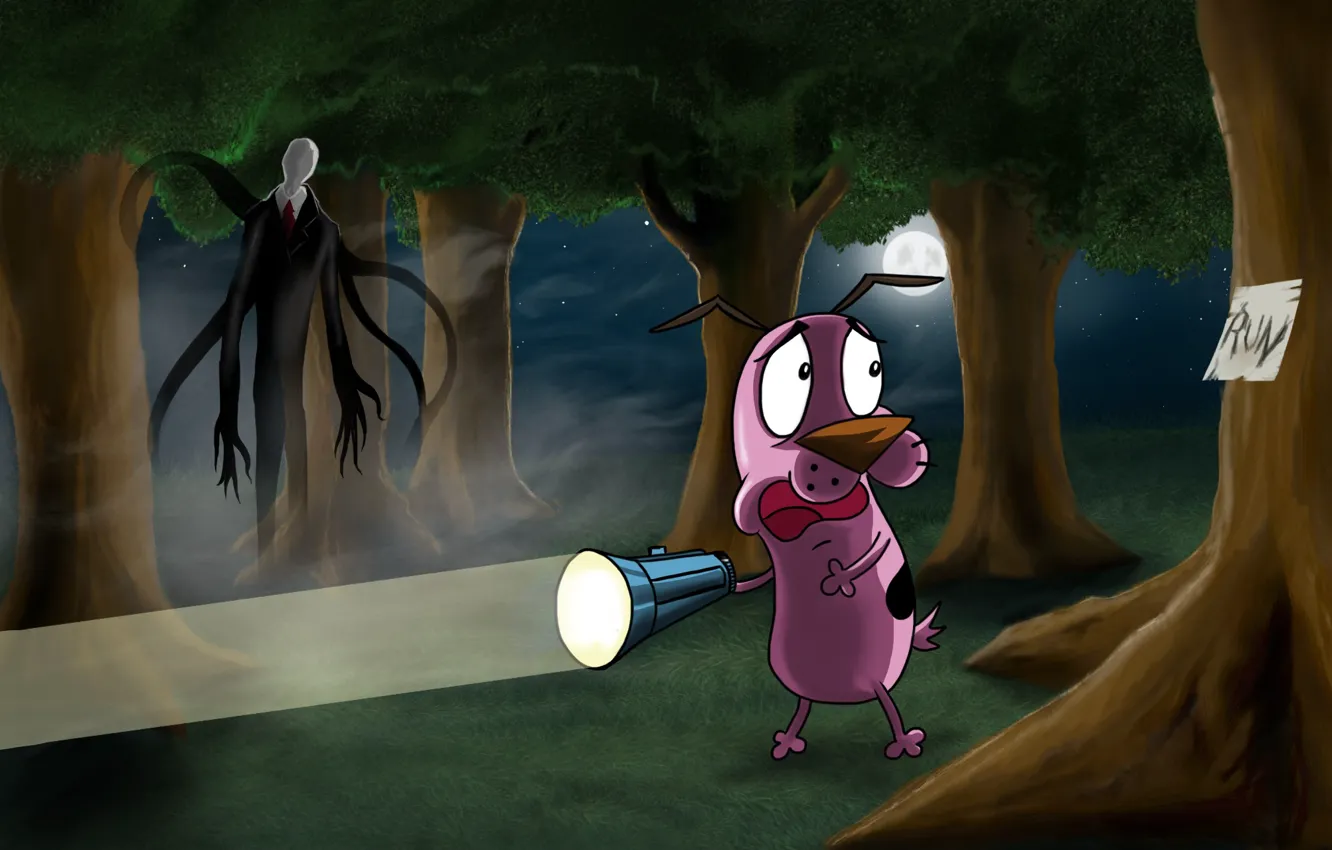 Photo wallpaper forest, trees, warning, dog, lights, the trick, Slenderman, Courage - The Cowardly Dog