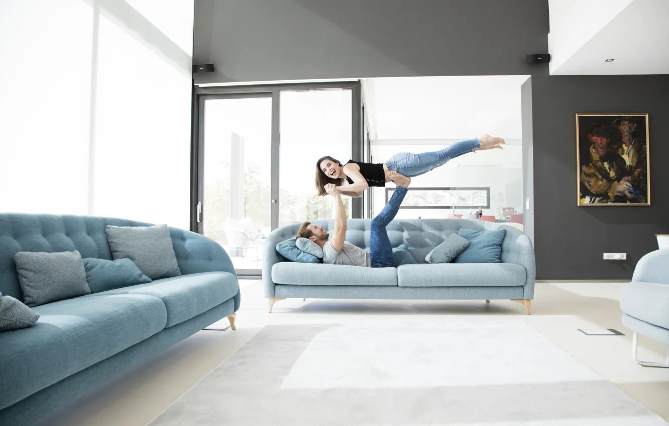 Photo wallpaper girl, joy, sofa, male, two, sofa, modern design, Modern design