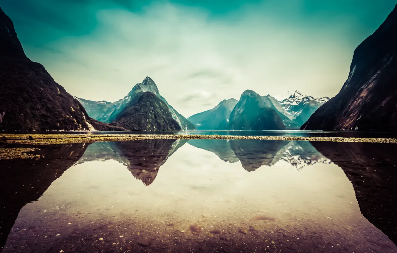 Photo wallpaper clouds, snow, mountains, lake, reflection, New Zealand, New Zealand, mountains