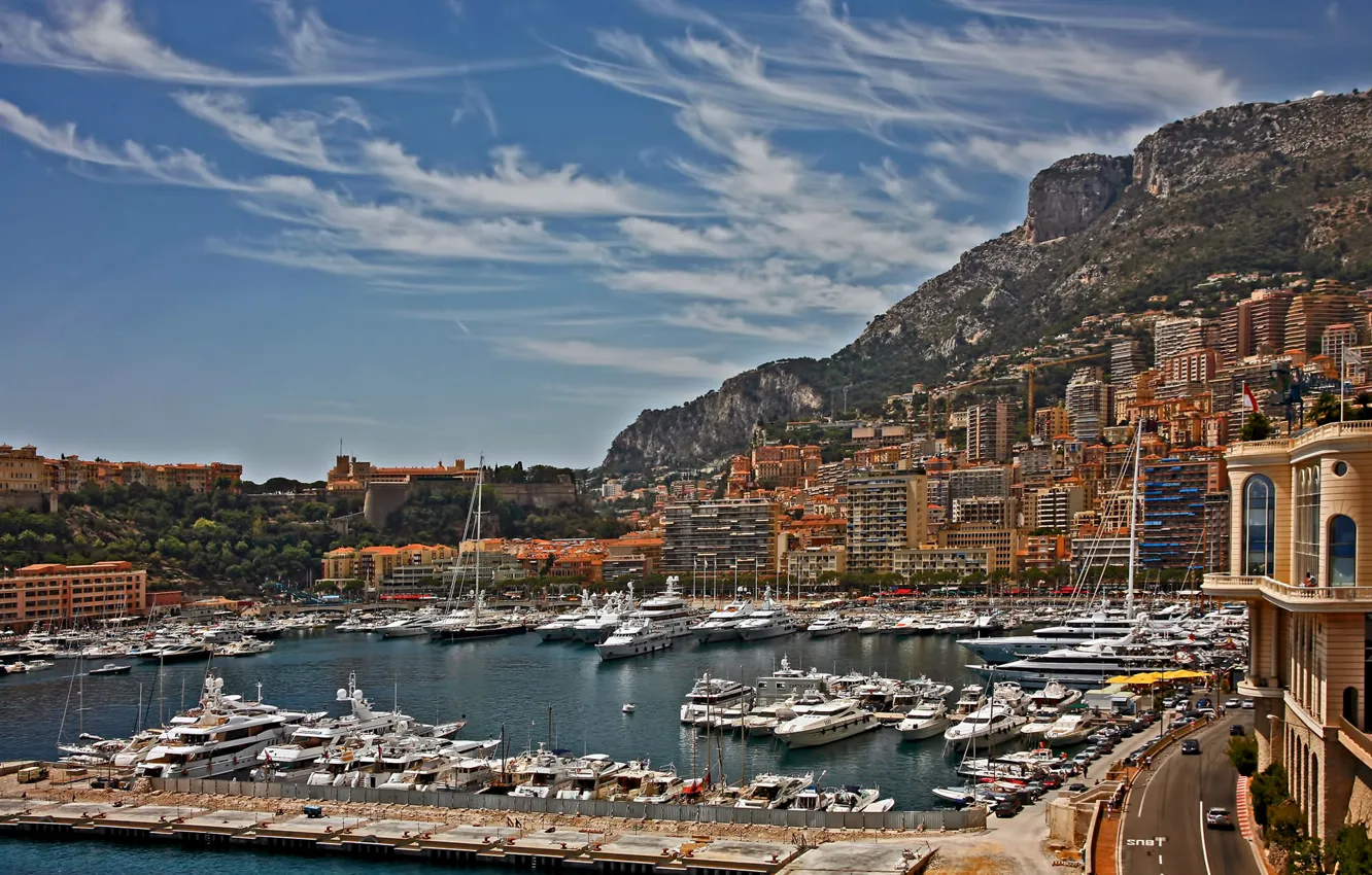 Photo wallpaper the sky, mountains, home, yachts, boats, harbour, Monaco, Monte Carlo