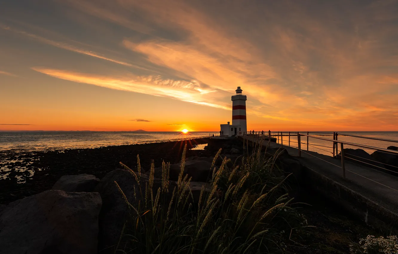 Photo wallpaper road, sea, the sun, clouds, sunset, stones, shore, people